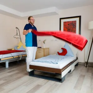 Altenpfleger macht Bett im Rummelsberger Stift St. Lorenz Nürnberg