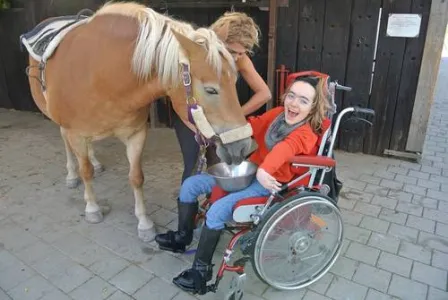 Frau im Rollstuhl streichelt ein Pferd