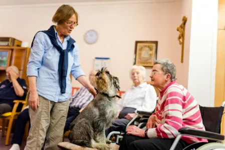 Vier ältere Menschen sitzen im Kreis. Ein Hund schaut seine Besitzerin an.